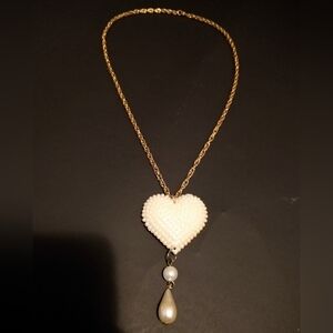 Vintage Silvestri Necklace Studded Heart Pendant Faux Pearl White Jewelry